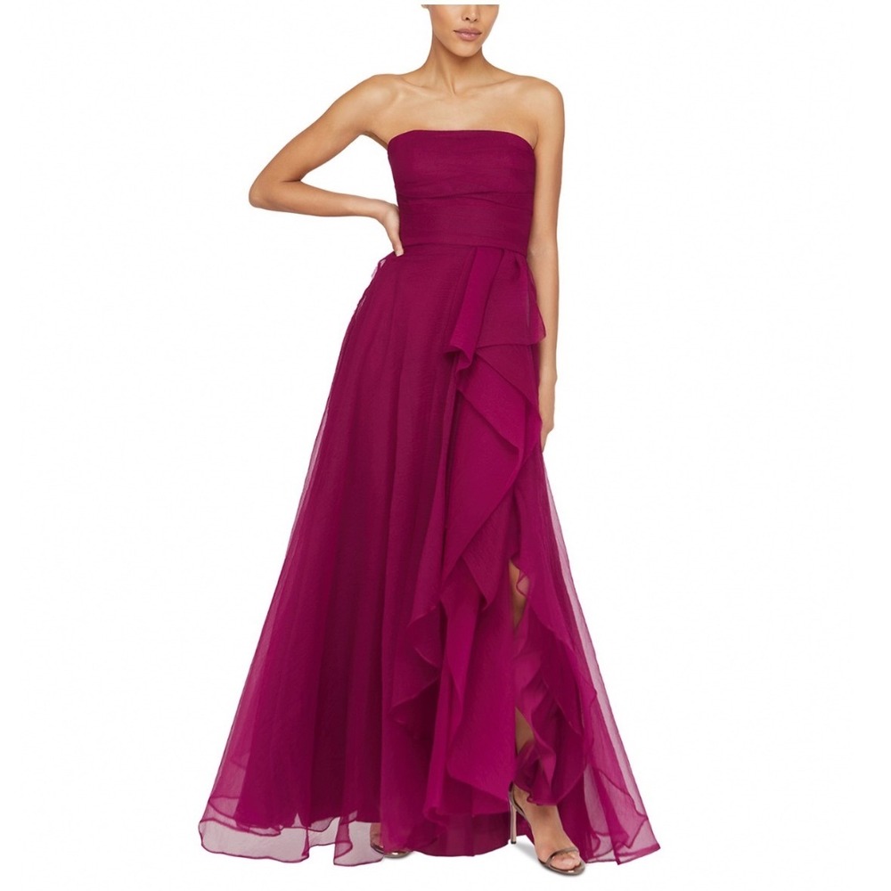 Theia Teresa Draped Gown Strapless Tulle Ruffle Formal Dress Oxblood Size 4